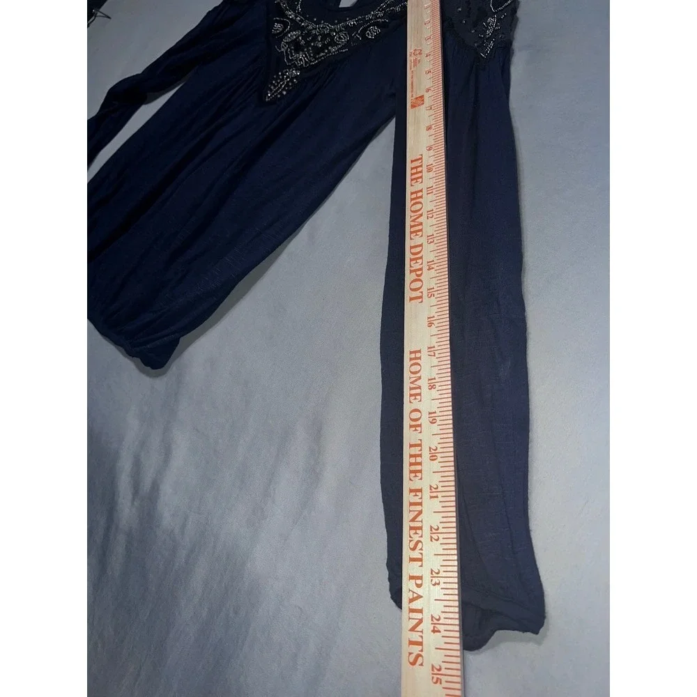 Free People Navy Blue Beaded Sequin Mesh Yoke Long Sleeve Flowy Blouse XS Boho